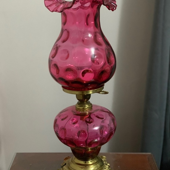 2 Fenton glass cranberry reverse coin thumbprint vintage lamps 3 way switch. - Picture 2 of 6